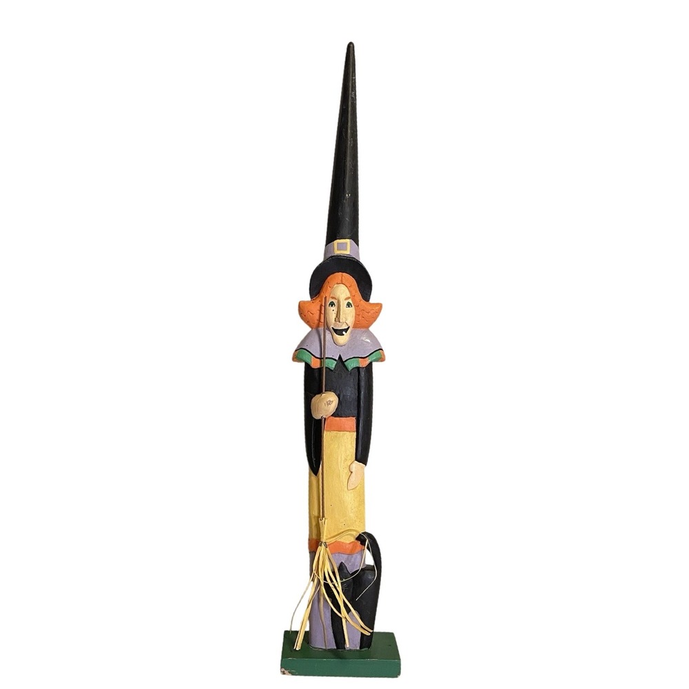 Halloween Carved Wood Thin Tall Witch Midwest Imports Cannon‎ Falls Black Cat